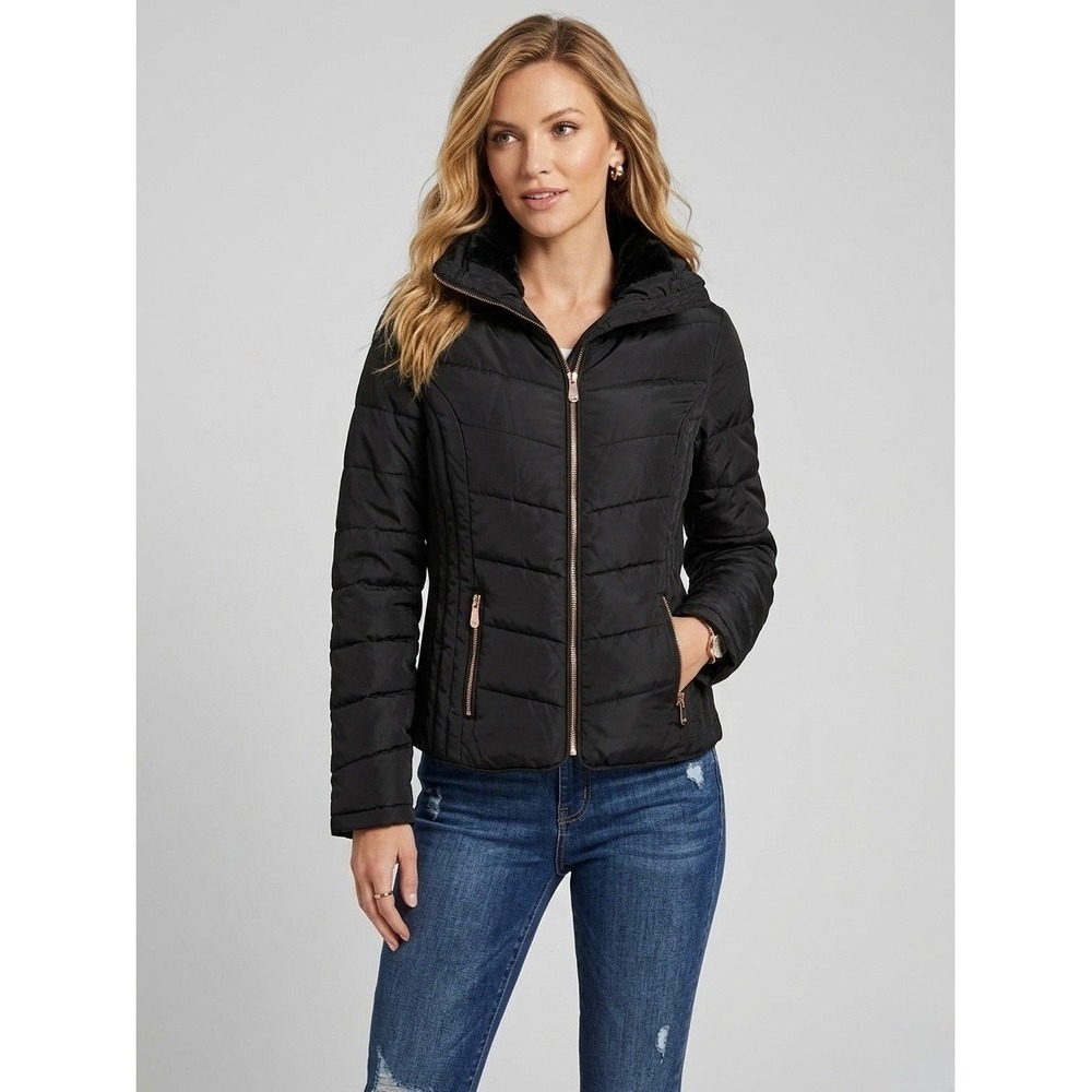 G by GUESS Women Black Puffer Jacket Rose Gold Hardware Faux Fur Collar XS
